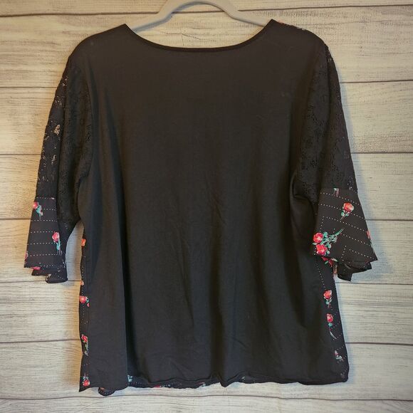 Van Heusen XL black floral short flutter lace sleeve blouse - Picture 7 of 7